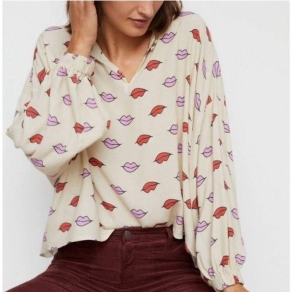 Anthropologie Corey Lynn Calter "Bisous" Lips Print Blouse, M